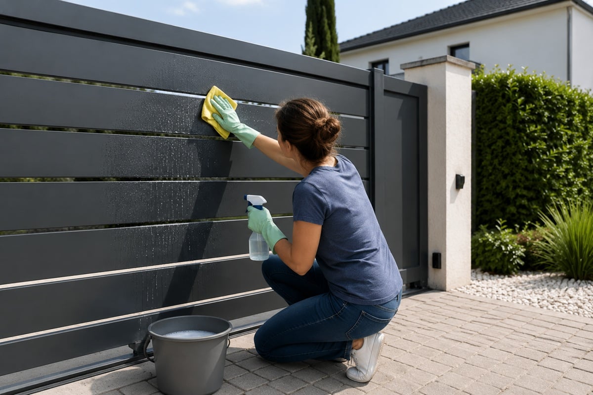 femme qui nettoie un portail en aluminium