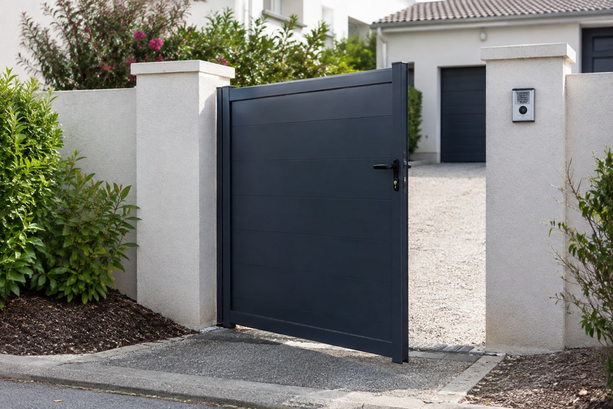 Portail moderne un battant entrouvert avec jardin fleuri
