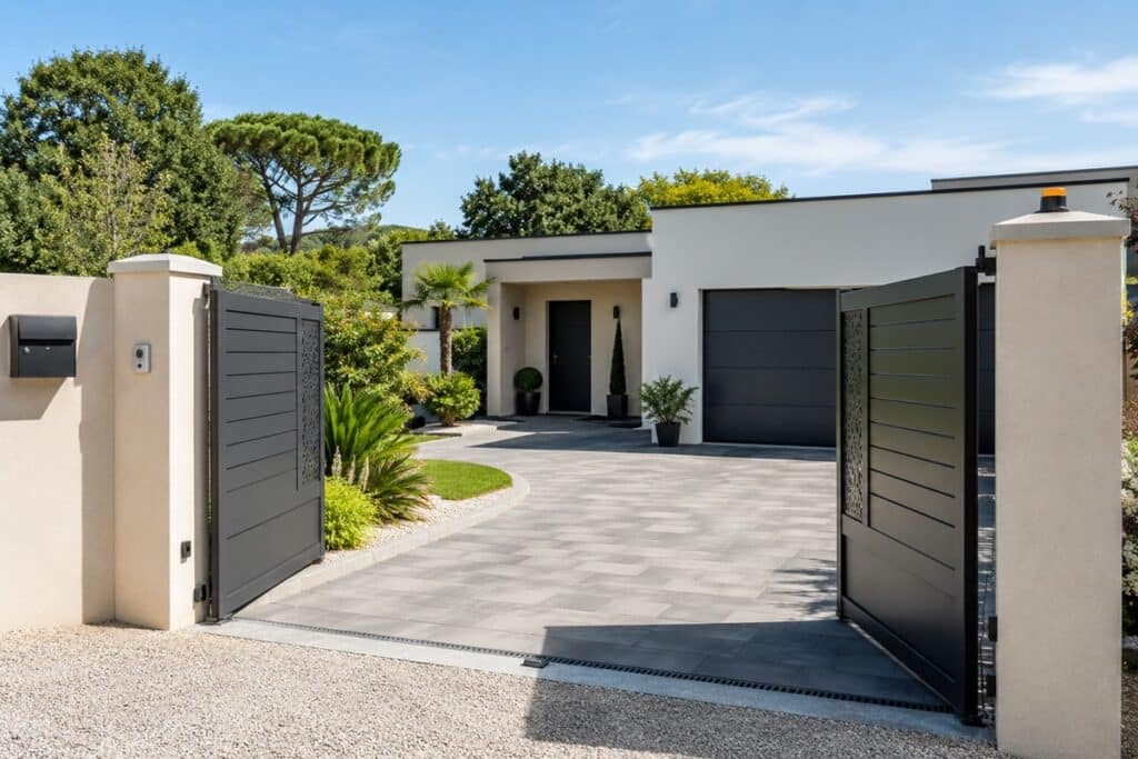 Entrée contemporaine avec portail ouvert