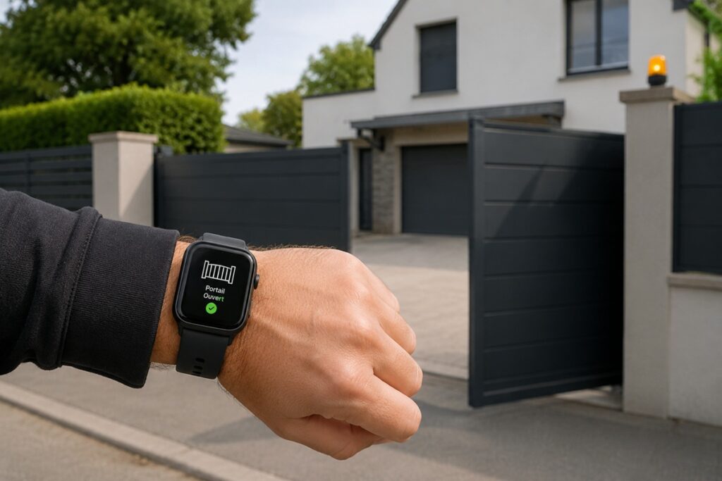 Portail connecté ouvert devant la maison