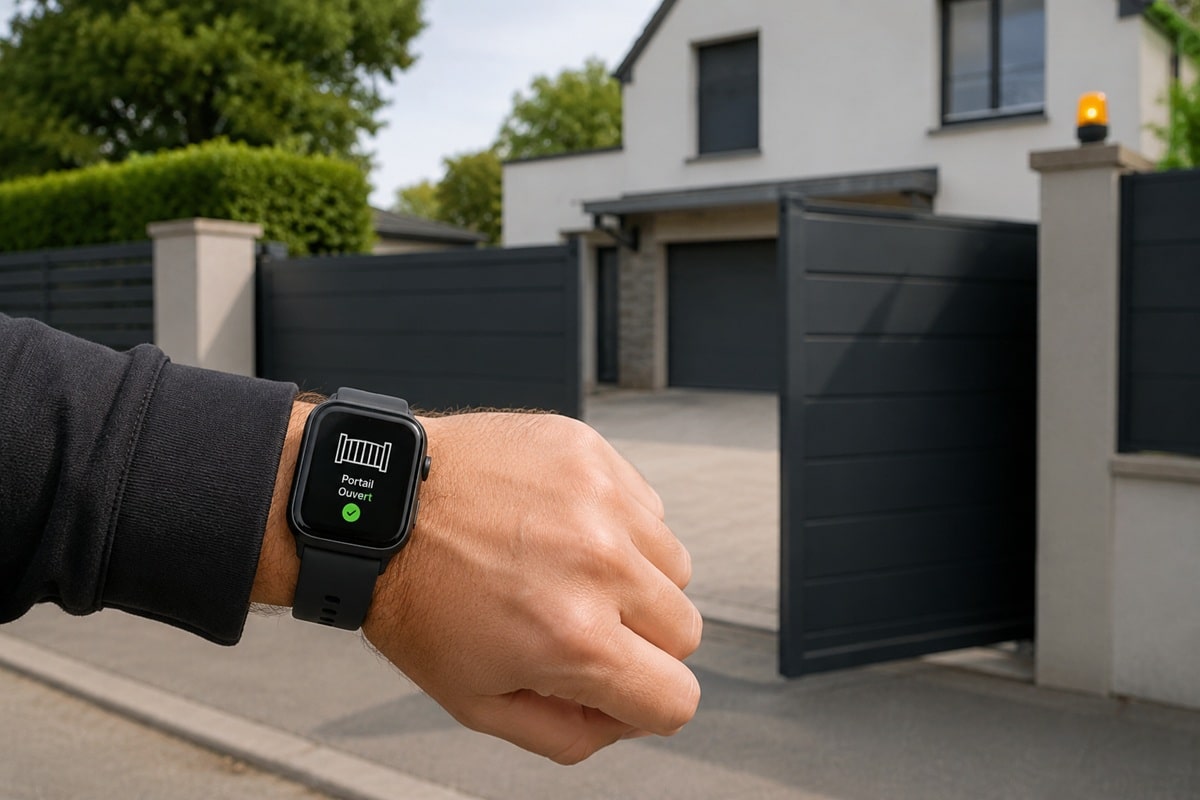 Portail connecté ouvert devant la maison