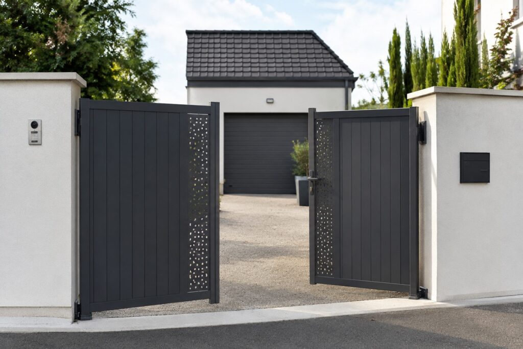 Portail moderne ouvert sur garage paysager